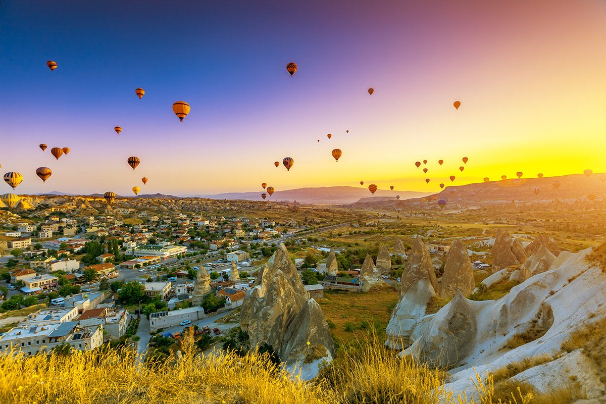 Hot air balloon flight over Cappadocia at sunrise
