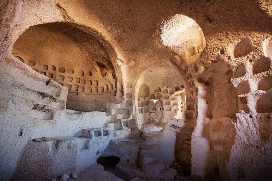Ancient underground cave dwelling carved into Cappadocia rock